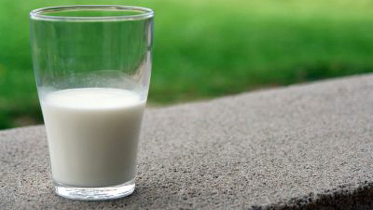 Glass of milk on a section of concrete with grass in the background