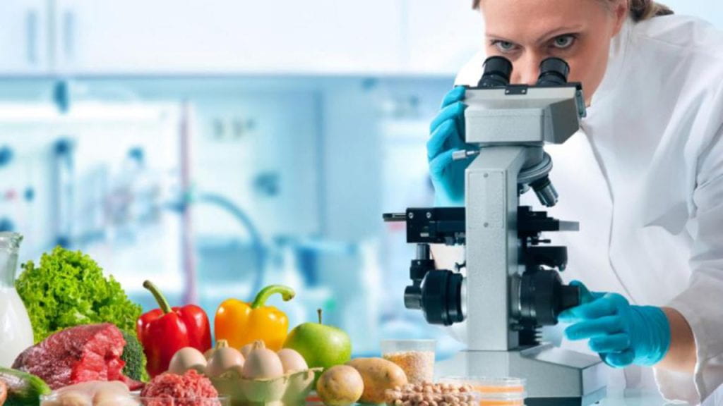 woman looking through microscope. Lab bench has fresh fruit, meat eggs and nuts on it